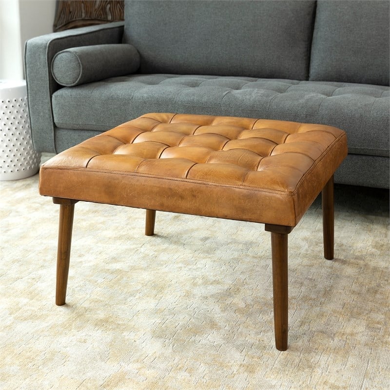 Pannonia Mid-Century Modern Square Tufted Tan Leather Ottoman