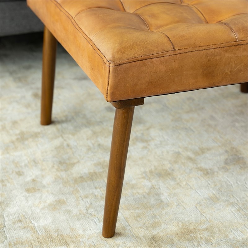 Pannonia Mid-Century Modern Square Tufted Tan Leather Ottoman