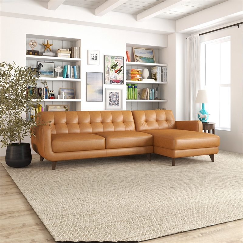Elva Modern Living Room Top Leather Corner Sectional Couch in Tan