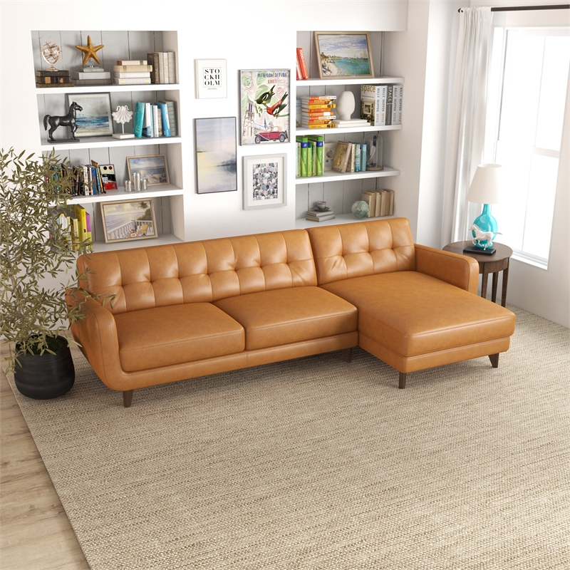 Elva Modern Living Room Top Leather Corner Sectional Couch in Tan