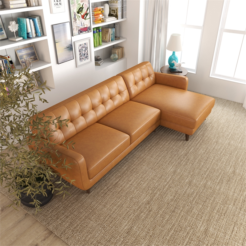 Elva Modern Living Room Top Leather Corner Sectional Couch in Tan