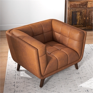 Allen Mid-Century Tight Back Genuine Leather Upholstered Armchair in Tan Cognac
