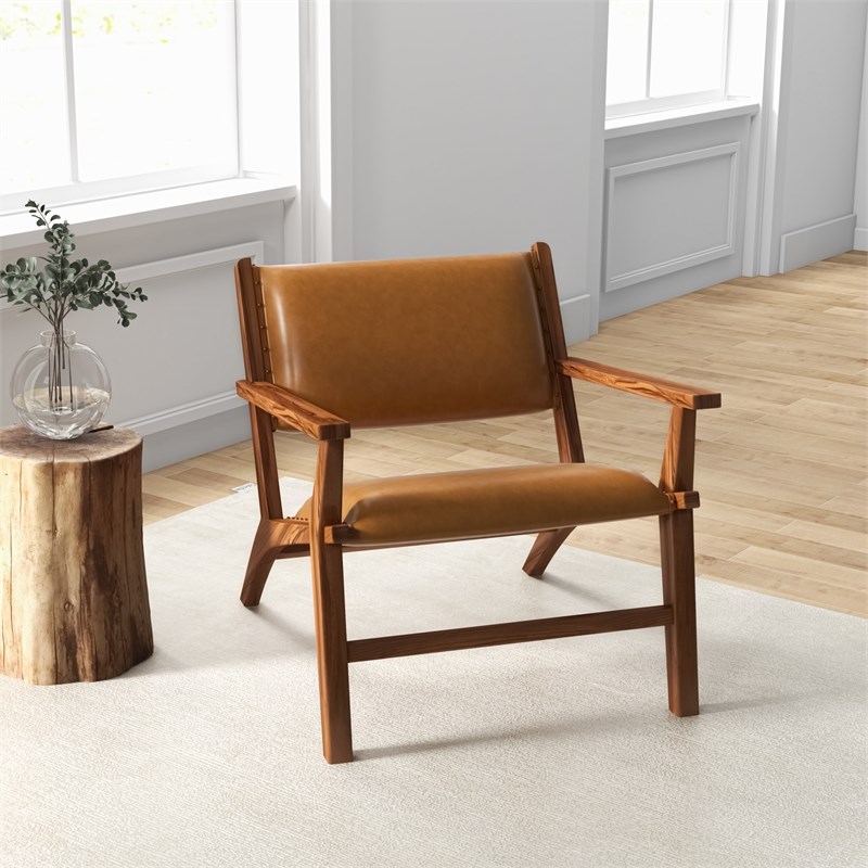 Kruger Mid-Century Modern Tight Back Genuine Leather Lounge Chair in Tan