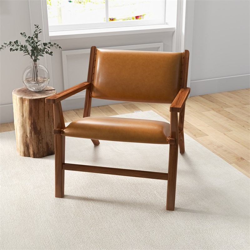 Kruger Mid-Century Modern Tight Back Genuine Leather Lounge Chair in Tan
