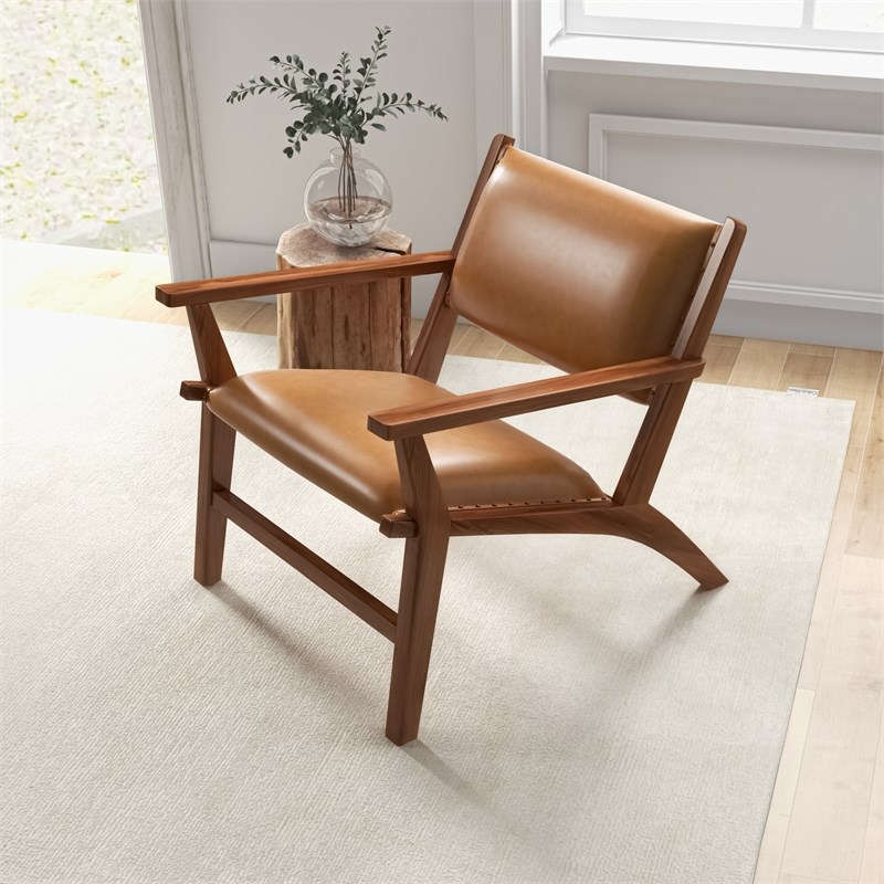 Kruger Mid-Century Modern Tight Back Genuine Leather Lounge Chair in Tan