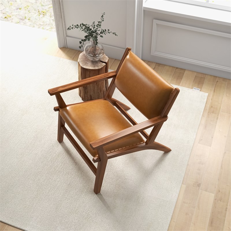 Kruger Mid-Century Modern Tight Back Genuine Leather Lounge Chair in Tan