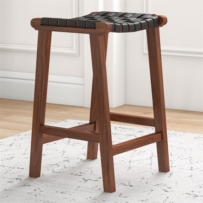 Phuket Mid Century Modern Saddle Genuine Leather Counter Stool in Black