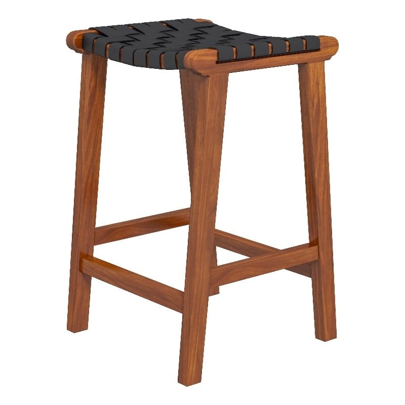 Phuket Mid Century Modern Saddle Genuine Leather Counter Stool in Black