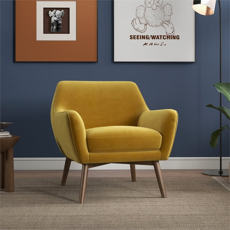 Camille Mid-Century Modern Tight Back Velvet Upholstered Armchair in Gold