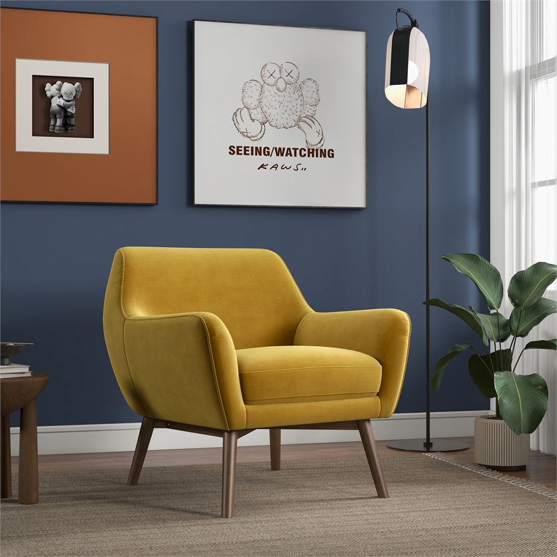 Camille Mid-Century Modern Tight Back Velvet Upholstered Armchair in Gold