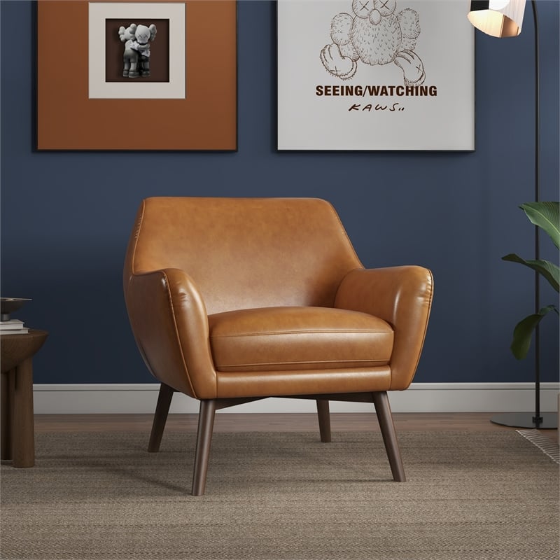 Camille Furniture Style Wide Top Leather Accent Armchair in Cognac Tan