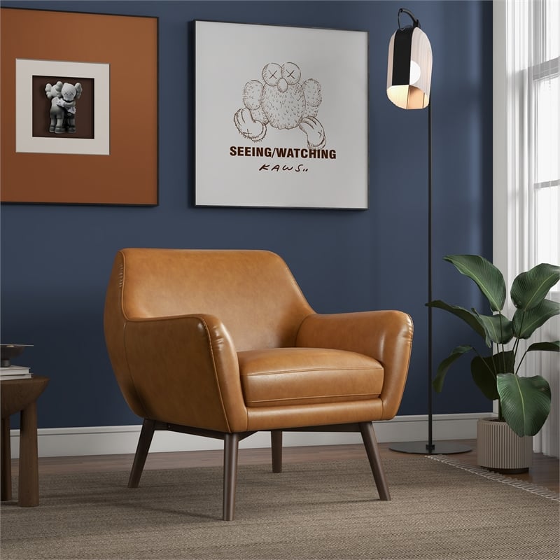 Camille Furniture Style Wide Top Leather Accent Armchair in Cognac Tan
