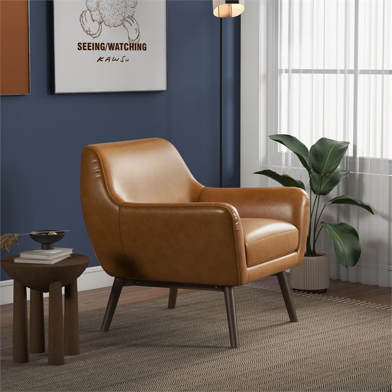 Camille Furniture Style Wide Top Leather Accent Armchair in Cognac Tan