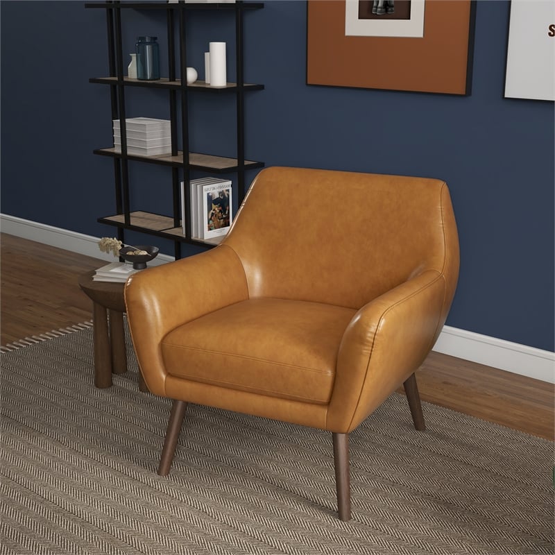 Camille Furniture Style Wide Top Leather Accent Armchair in Cognac Tan
