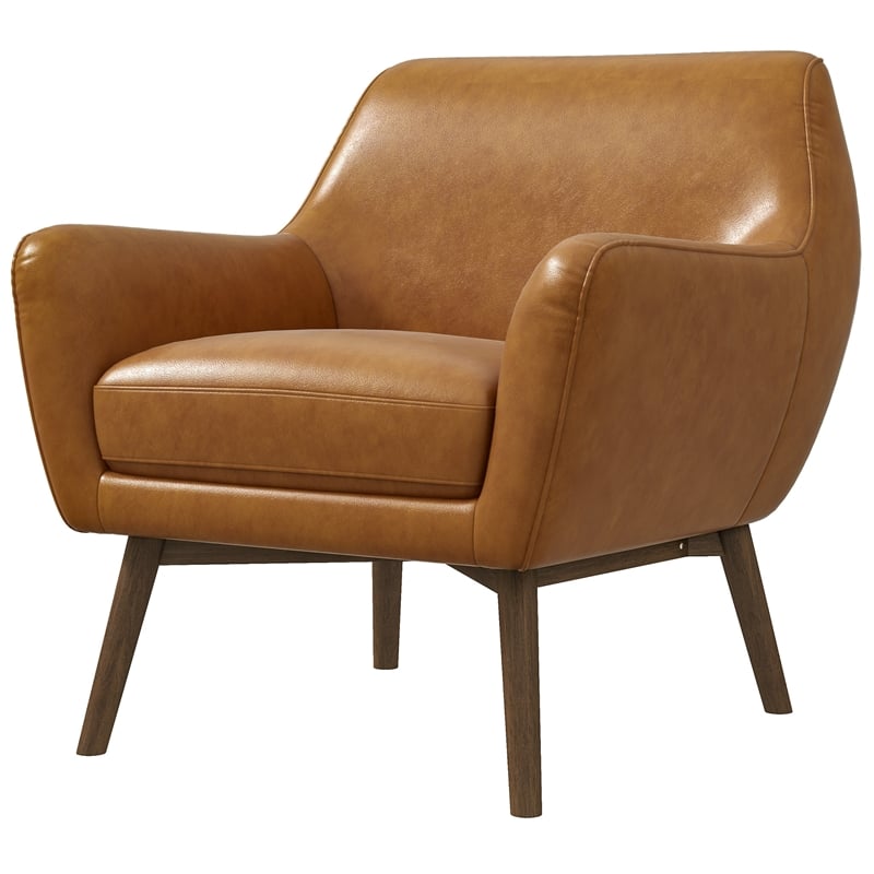 Camille Furniture Style Wide Top Leather Accent Armchair in Cognac Tan