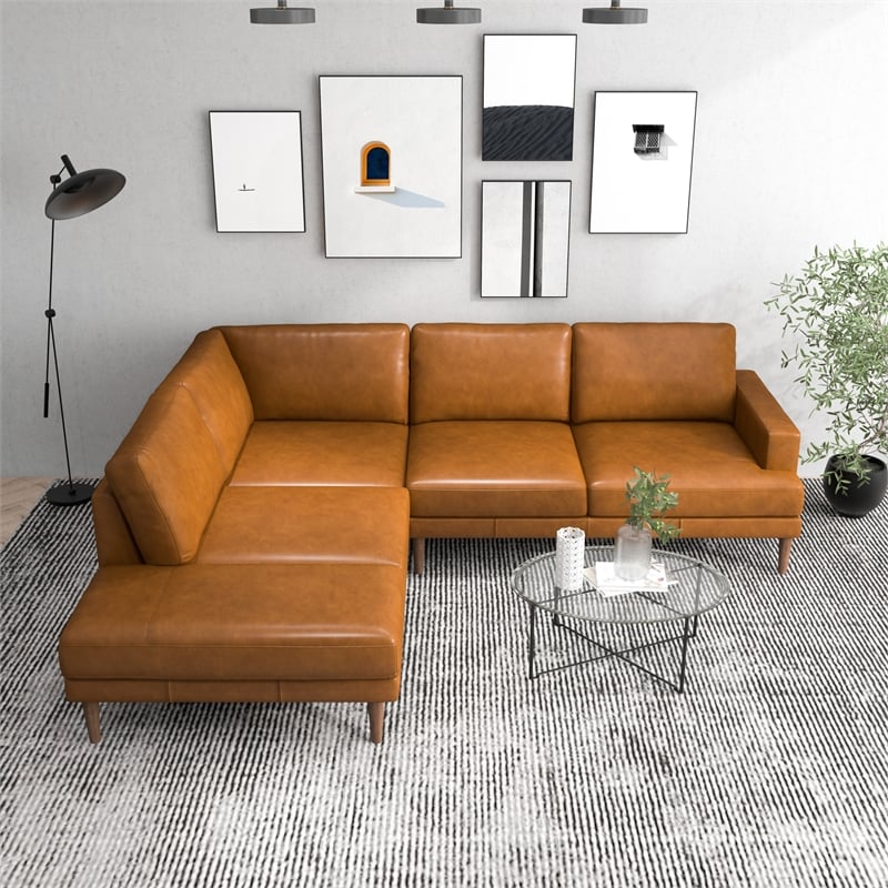 Aplee Modern Living Room Genuine Leather Corner Sectional Couch in Cognac Tan