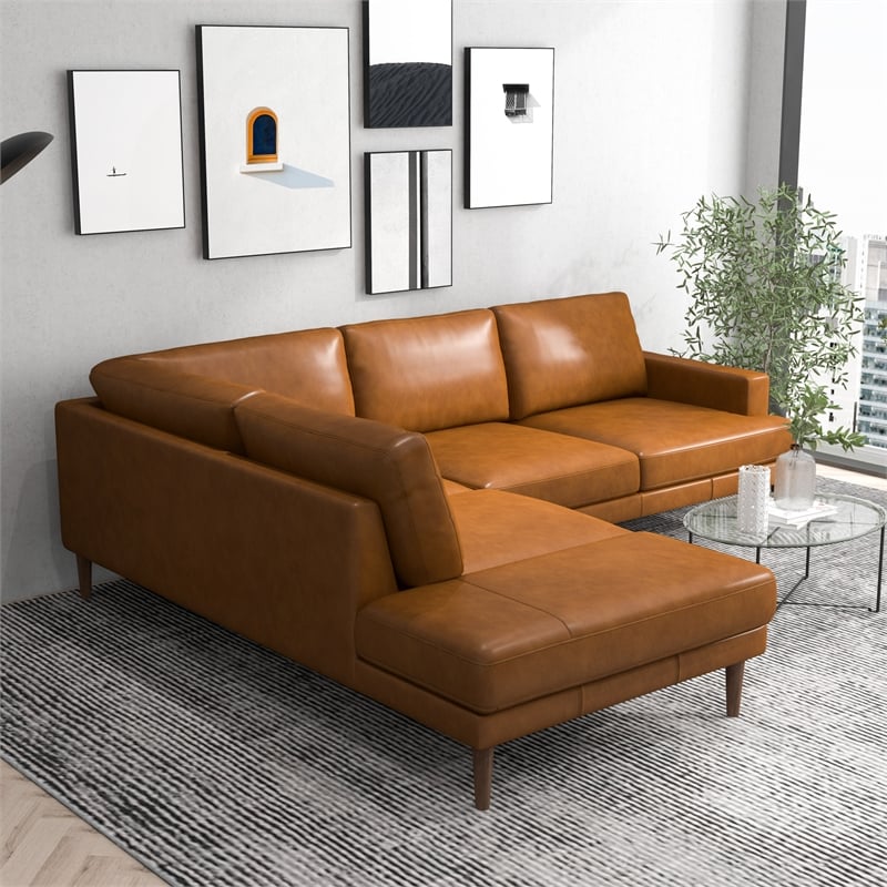 Aplee Modern Living Room Genuine Leather Corner Sectional Couch in Cognac Tan