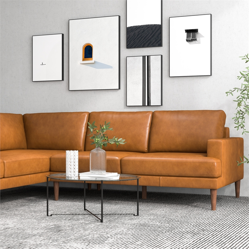 Aplee Modern Living Room Genuine Leather Corner Sectional Couch in Cognac Tan