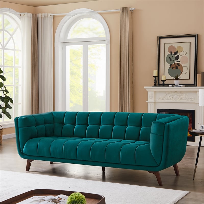 Allen Modern Chesterfield Tufted Velvet Living Room Sofa in Turquoise