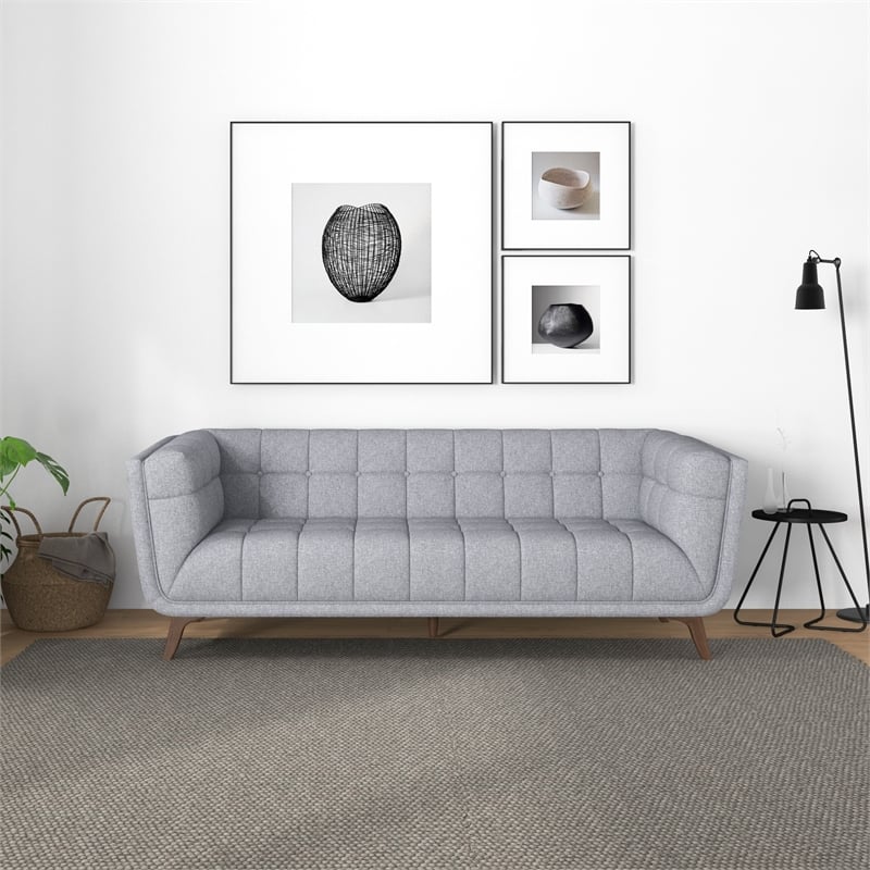 Allen Modern Chesterfield Tufted Fabric Linen Living Room Sofa in Light Gray