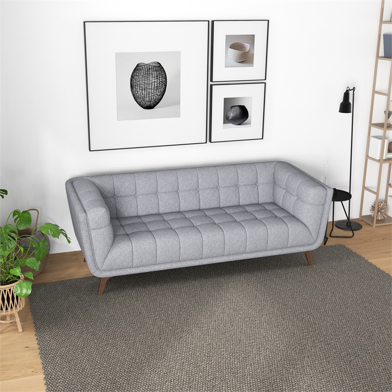 Allen Modern Chesterfield Tufted Fabric Linen Living Room Sofa in Light Gray