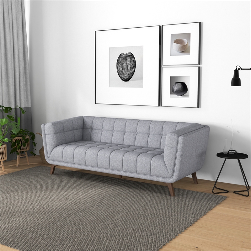 Allen Modern Chesterfield Tufted Fabric Linen Living Room Sofa in Light Gray
