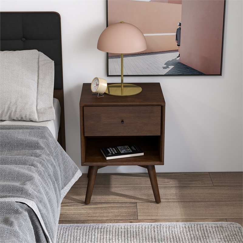 Francesca Mid Century Walnut Solid Wood Nightstand Bed Side Tables with 1 Drawer