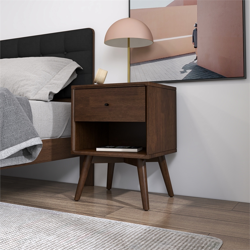 Francesca Mid Century Walnut Solid Wood Nightstand Bed Side Tables with 1 Drawer