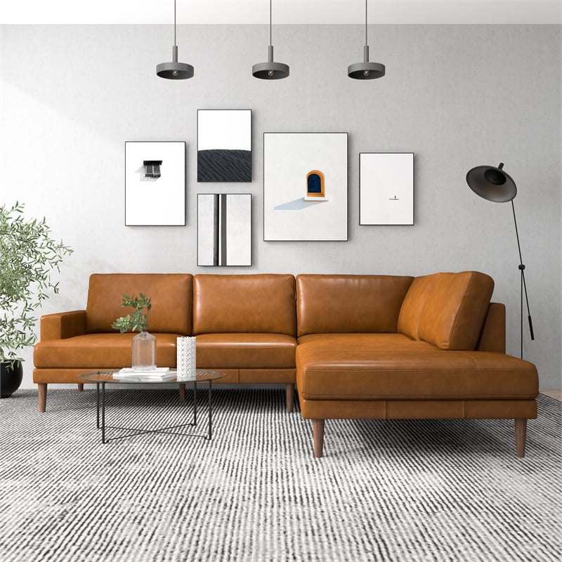 Aplee Modern Living Room Genuine Leather Corner Sectional Couch in Cognac Tan