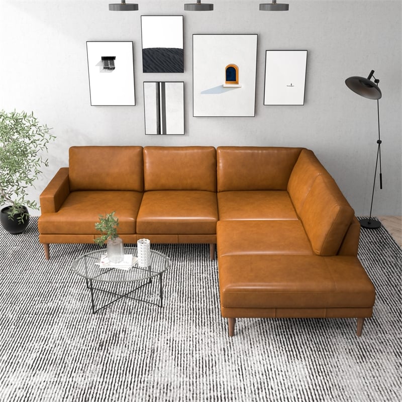 Aplee Modern Living Room Genuine Leather Corner Sectional Couch in Cognac Tan