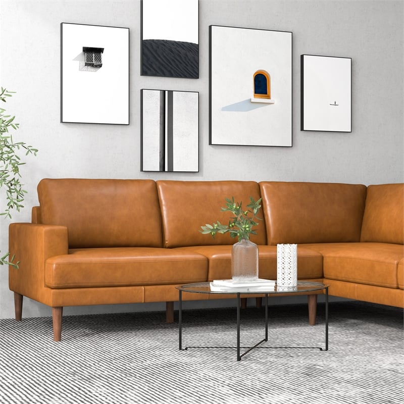 Aplee Modern Living Room Genuine Leather Corner Sectional Couch in Cognac Tan