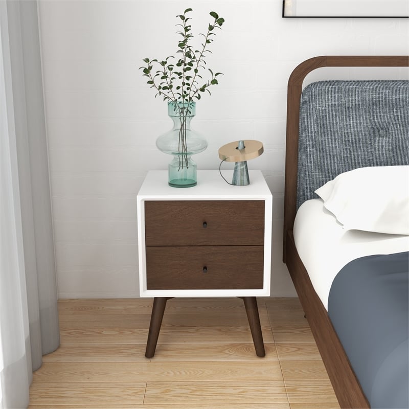 Franella Solid Wood Frame White Nightstand Bed Side Tables with 2 Drawers
