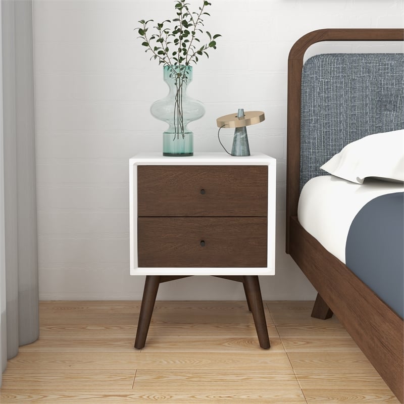 Franella Solid Wood Frame White Nightstand Bed Side Tables with 2 Drawers