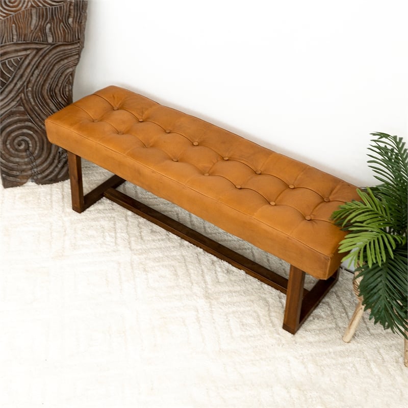 Arles Mid-Century Button-Tufted Genuine Leather Upholstered Bench in Tan