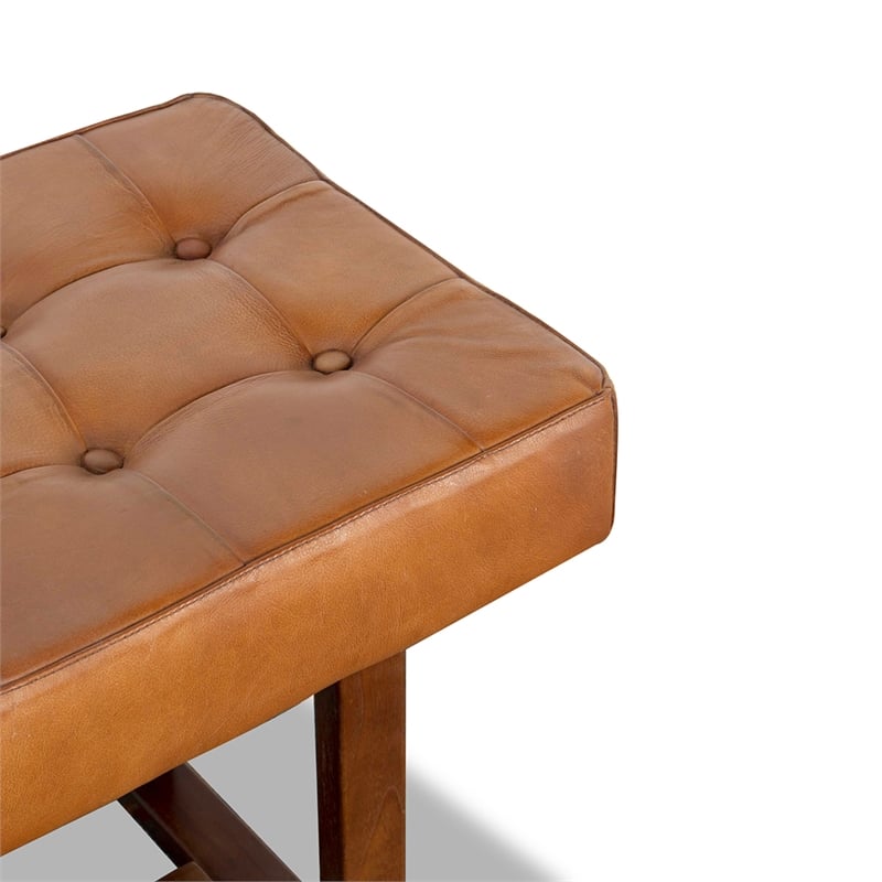 Arles Mid-Century Button-Tufted Genuine Leather Upholstered Bench in Tan