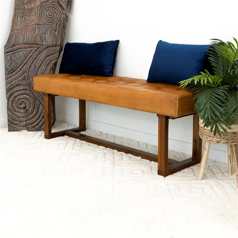 Arles Mid-Century Button-Tufted Genuine Leather Upholstered Bench in Tan