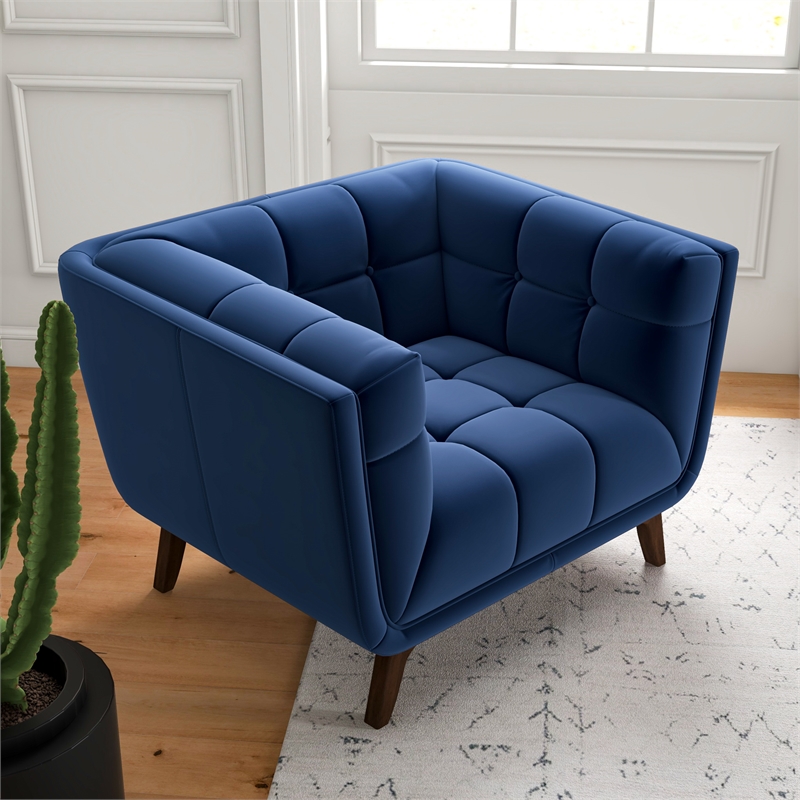 Cerruti Mid Century Modern Luxury Tufted Accent Velvet Armchair in Navy Blue