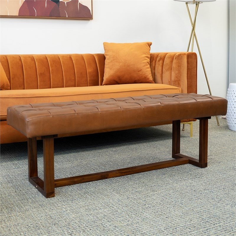 Espresso Mid-Century Button-Tufted Genuine Leather Upholstered Bench Dark Tan