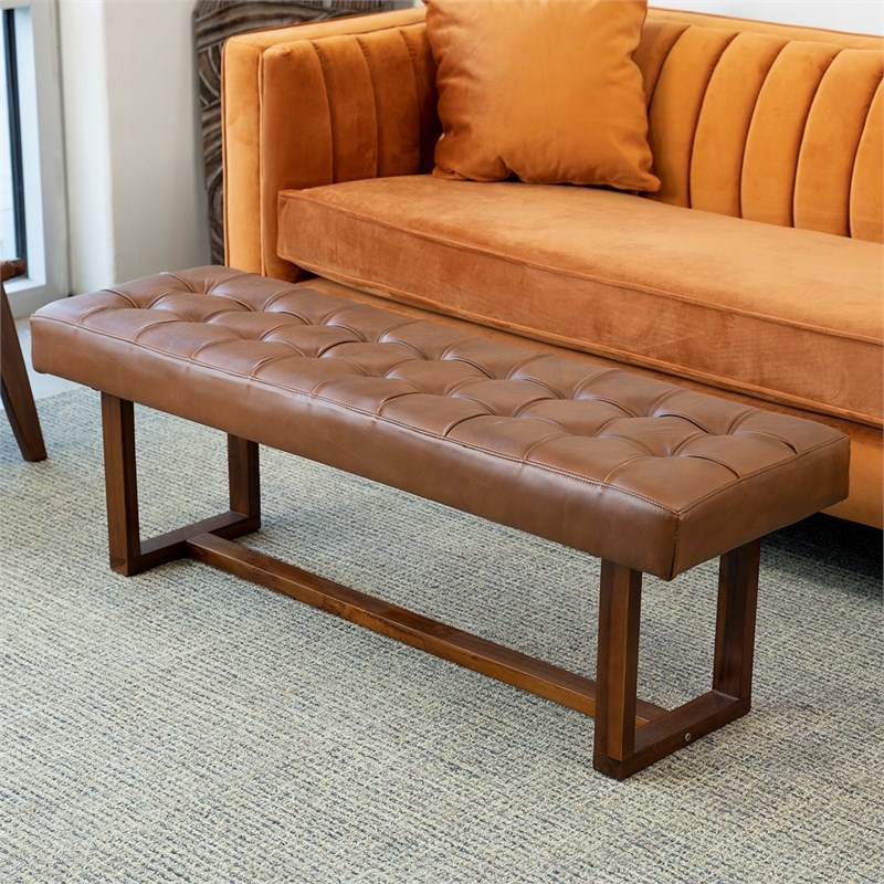 Espresso Mid-Century Button-Tufted Genuine Leather Upholstered Bench Dark Tan
