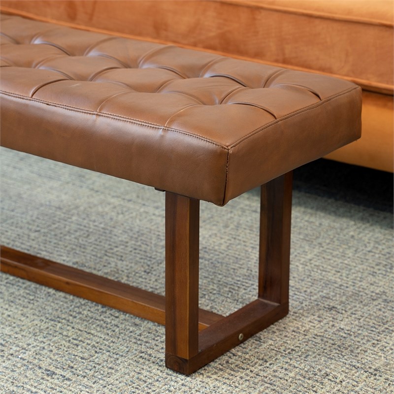 Espresso Mid-Century Button-Tufted Genuine Leather Upholstered Bench Dark Tan