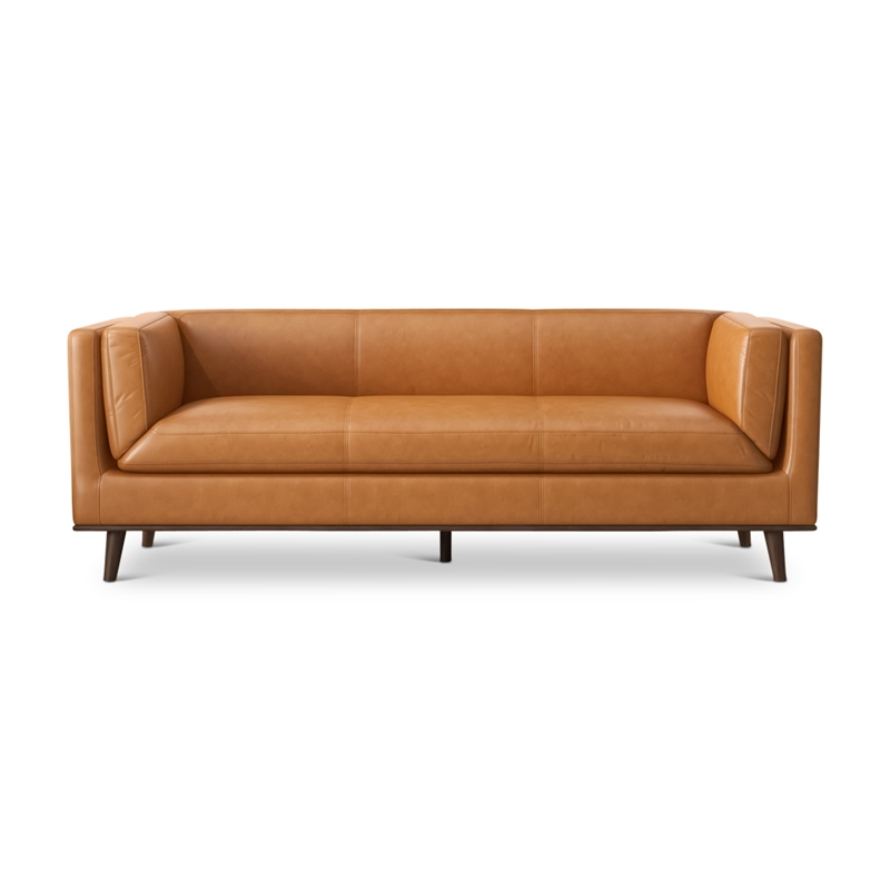 Frisco Mid-Century Modern Pillow Back Genuine Leather Sofa in Tan