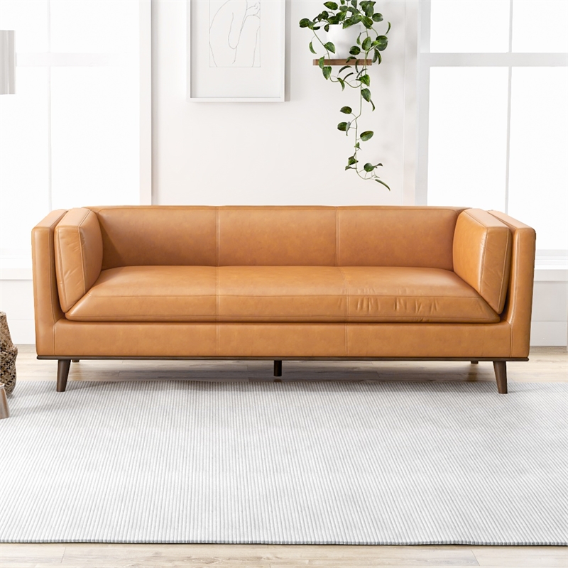 Frisco Mid-Century Modern Pillow Back Genuine Leather Sofa in Tan
