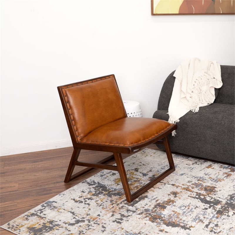 Rohan Mid-Century Modern Tight Back Genuine Leather Lounge Chair in Tan