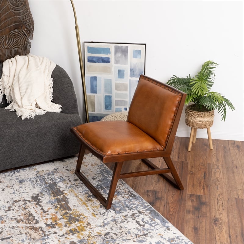 Rohan Mid-Century Modern Tight Back Genuine Leather Lounge Chair in Tan