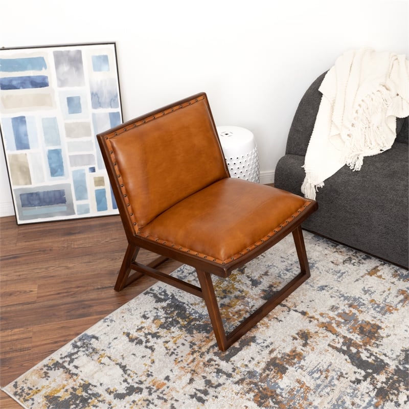 Rohan Mid-Century Modern Tight Back Genuine Leather Lounge Chair in Tan