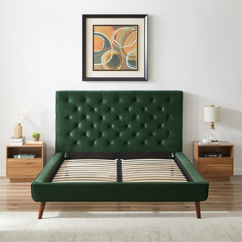 Alice Mid Century Modern Green Velvet Upholstered Queen Platform Bed