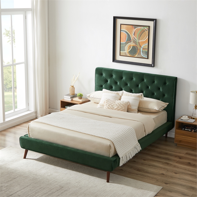Alice Mid Century Modern Green Velvet Upholstered Queen Platform Bed