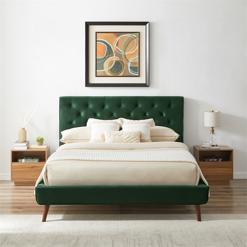 Alice Mid Century Modern Green Velvet Upholstered Queen Platform Bed