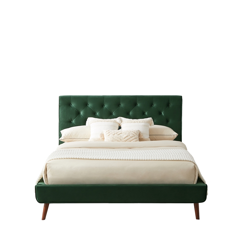 Alice Mid Century Modern Green Velvet Upholstered Queen Platform Bed