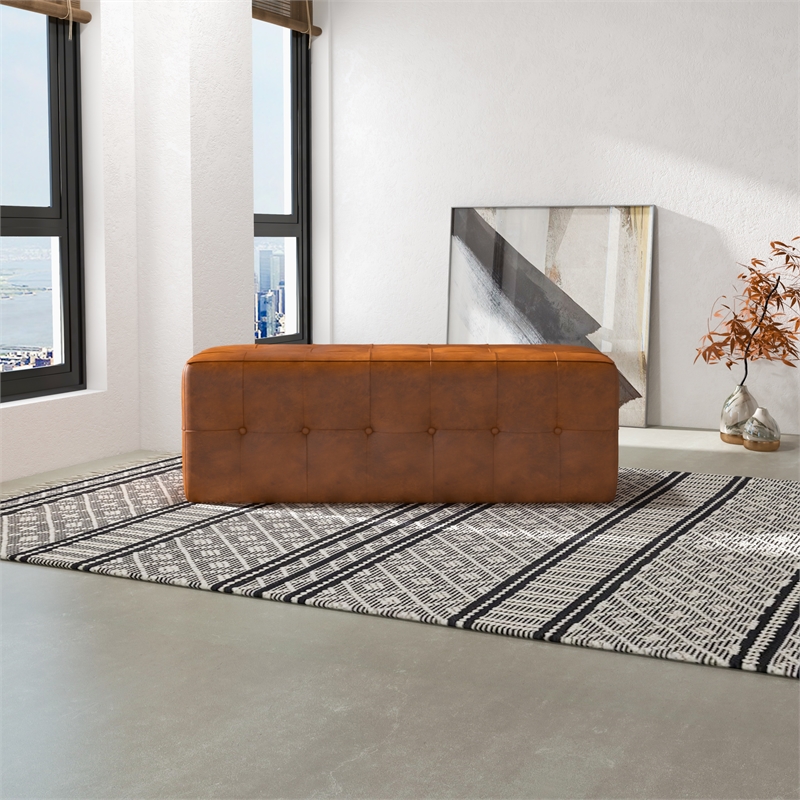 Vichy Mid-Century Modern Design Rectangular Genuine Leather Bench in Tan